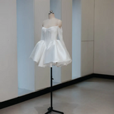 Simple Ball Gown Sweetheart Sleeveless Fitted Corset White Short Wedding Dress Bride Gowns Satin Summer Wedding Dresses HZ0311