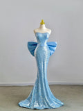 Unique Mermaid Strapless Blue Sequin Prom Dresses With Bow For Teens Formal Dress Party Outfits Prom Gown HZ0311