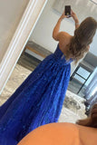 A line Royal Blue Sequined Lace Long Prom Dress with Pockets Formal Evening Gowns HZ0311
