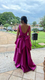 Modest A Line Satin Fuchsia Open Back With Bow Prom Dresses Long for Women Formal Evening Gown HZ0311
