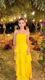 Modest A Line Satin Strapless Yellow Chiffon Prom Dresses Long for Women Formal Evening Gowns HZ0311