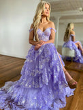 A-Line Lace Off-the-Shoulder Tiered Long Prom Dress with Slit Formal Evening Gowns HZ0311