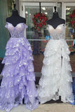 A-Line Lace Off-the-Shoulder Tiered Long Prom Dress with Slit Formal Evening Gowns HZ0311