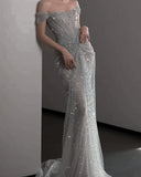 Charming With Short Sleeves Mermaid Silver Sequins Long Prom Dresses With Beadings Party Dress For Women HZ0311