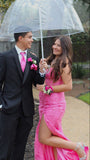 Beautiful Mermaid Hot Pink With Split Maxi Long Party Lace Appliques Slit Prom Dresses Evening Dress HZ0311