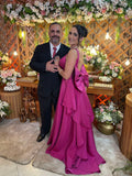 Modest A Line Satin Fuchsia Open Back With Bow Prom Dresses Long for Women Formal Evening Gown HZ0311