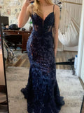 Aesthetic Mermaid Spaghetti Straps Navy Blue Tulle Lace Long Formal Dresses Evening Prom Dress HZ0311
