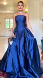 Chic Ball Gown Strapless Royal Blue Satin Prom Dresses Long for Women Formal Evening Gowns HZ0311