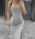 Unique Mermaid Spaghetti Straps Silver Sequin Pink Prom Dresses Long Party Dress 22th Birthday Outfits Formal Gown HZ0311