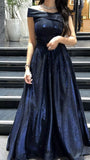 A Line Dark Navy Off-The-Shoulder Long Train Prom Dress Inspo Prom Gown HZ0311