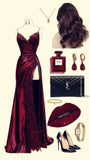 Straps Wine Red V Neck Satin Lace Long Prom Dresses HZ0311