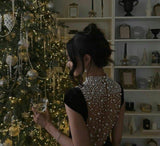 Black Velvet Evening Dress With Pearl Embellishments Party Dress Birthday Prom Dress HZ0311