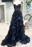 Modest Ball Gown Straps Navy Blue Lace Prom Dresses Long for Women Ruffle Formal Evening Gown HZ0311