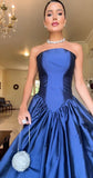 Chic Ball Gown Strapless Royal Blue Satin Prom Dresses Long for Women Formal Evening Gowns HZ0311