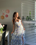 Floral Ruffle Maxi Dress Blue Sleeveless Floor Length Backless Prom Dresses HZ0311