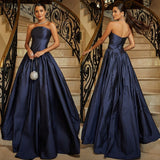 Chic Ball Gown Strapless Royal Blue Satin Prom Dresses Long for Women Formal Evening Gowns HZ0311