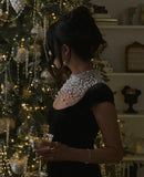 Black Velvet Evening Dress With Pearl Embellishments Party Dress Birthday Prom Dress HZ0311