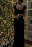 Black Velvet Evening Dress With Pearl Embellishments Party Dress Birthday Prom Dress HZ0311
