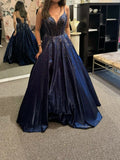 Modest A Line Spaghetti Straps Navy Blue Satin With Beadings Backless Party Long Prom Dresses HZ0311