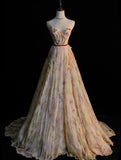 Modest A line Sweetheart Floral Tulle Long Prom Dresses Night Formal Dresses HZ0311