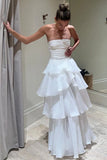 Elegant Strapless Tiered Floor Length Prom Dress, A Line Ruched Long Formal Evening Dress HZ0311