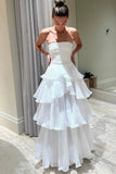 Elegant Strapless Tiered Floor Length Prom Dress, A Line Ruched Long Formal Evening Dress HZ0311